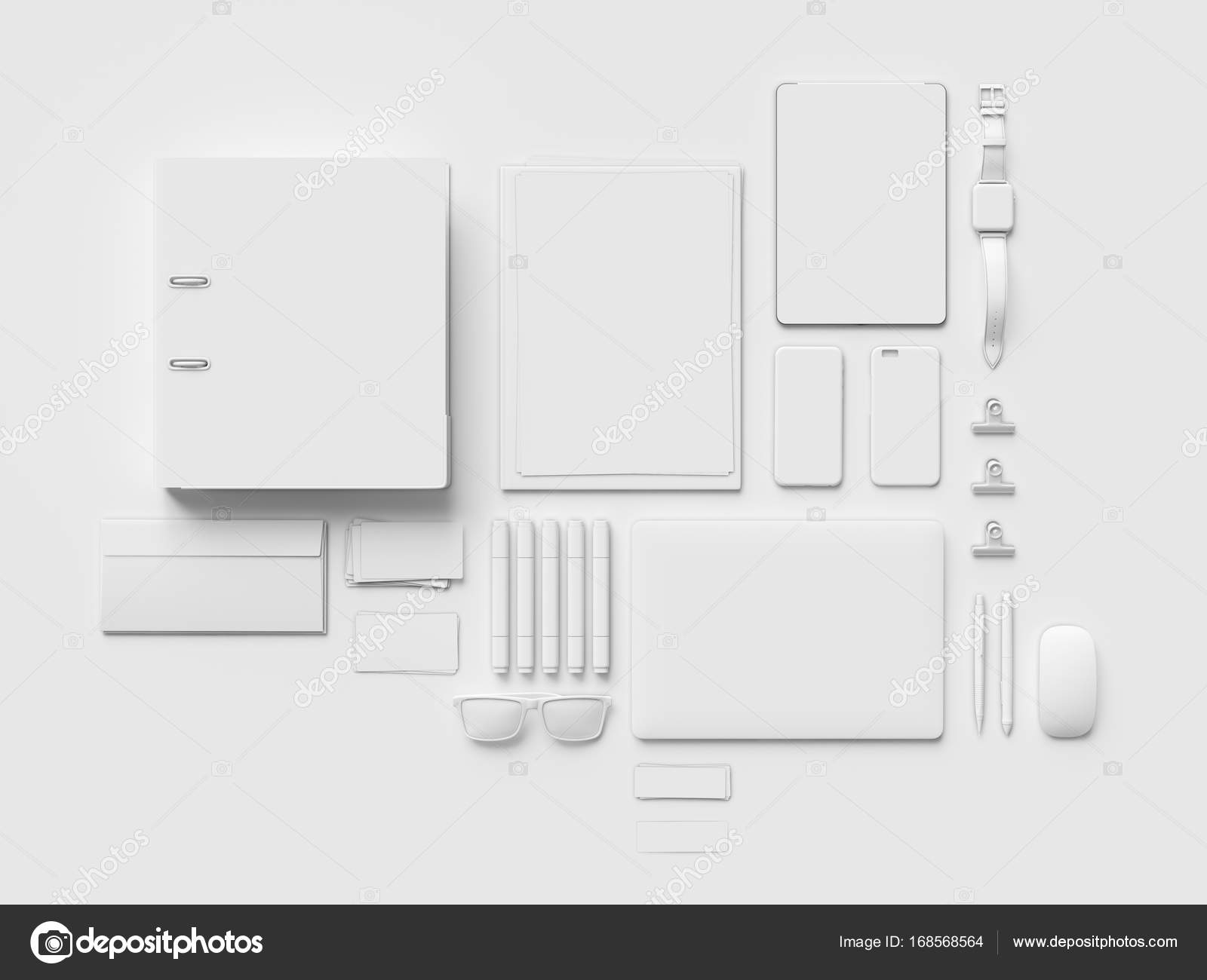 White Stationery & Branding Mockup . Office supplies, Gadgets. 3D  illustration Stock Photo by ©Studiotan 168568564